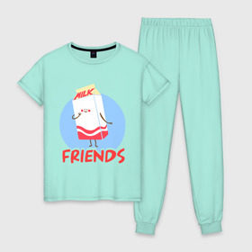 Женская пижама хлопок с принтом Молоко в Курске, 100% хлопок | брюки и футболка прямого кроя, без карманов, на брюках мягкая резинка на поясе и по низу штанин | best friends forever | друзья | лучшие | молоко | печенье | подарки | подруге. друг