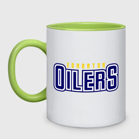 Кружка двухцветная с принтом HC Edmonton Oilers Sign в Курске, керамика | объем — 330 мл, диаметр — 80 мм. Цветная ручка и кайма сверху, в некоторых цветах — вся внутренняя часть | club | edmonton | hc | hockey | oilers | хоккей