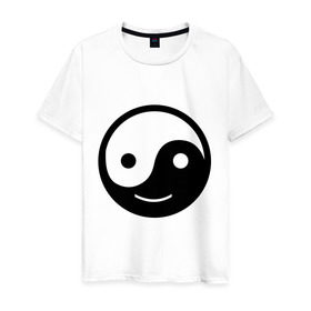 Мужская футболка хлопок с принтом Веселый Инь Янь в Курске, 100% хлопок | прямой крой, круглый вырез горловины, длина до линии бедер, слегка спущенное плечо. | веселый | инь | китай | смайл | улыбка | философия | ян | янь