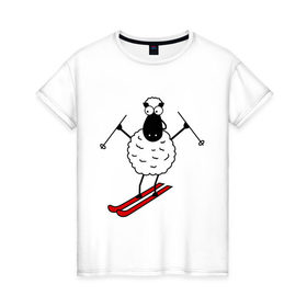 Женская футболка хлопок с принтом Овечка на лыжах в Курске, 100% хлопок | прямой крой, круглый вырез горловины, длина до линии бедер, слегка спущенное плечо | баран | год | гороскоп | зима | китайский | лыжи | новый год | овен | овца | снег