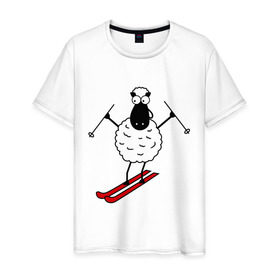 Мужская футболка хлопок с принтом Овечка на лыжах в Курске, 100% хлопок | прямой крой, круглый вырез горловины, длина до линии бедер, слегка спущенное плечо. | баран | год | гороскоп | зима | китайский | лыжи | новый год | овен | овца | снег