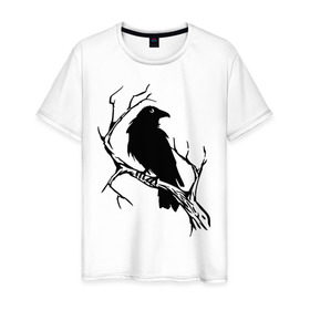 Мужская футболка хлопок с принтом Ворон в Курске, 100% хлопок | прямой крой, круглый вырез горловины, длина до линии бедер, слегка спущенное плечо. | ветка | ворон | дерево | птица | сук