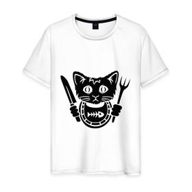 Мужская футболка хлопок с принтом Кот хочет кушать в Курске, 100% хлопок | прямой крой, круглый вырез горловины, длина до линии бедер, слегка спущенное плечо. | вилка | голод | голодный | кот | котенок | кошка | нож | салфетка
