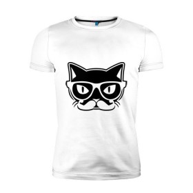Мужская футболка премиум с принтом Учёный кот в Курске, 92% хлопок, 8% лайкра | приталенный силуэт, круглый вырез ворота, длина до линии бедра, короткий рукав | Тематика изображения на принте: голова | кот | очки | усы | ученый | хипстер