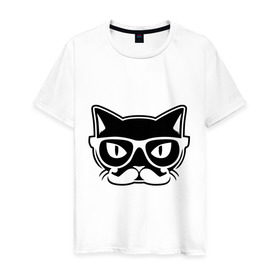 Мужская футболка хлопок с принтом Учёный кот в Курске, 100% хлопок | прямой крой, круглый вырез горловины, длина до линии бедер, слегка спущенное плечо. | голова | кот | очки | усы | ученый | хипстер