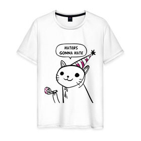 Мужская футболка хлопок с принтом Haters gonna hate в Курске, 100% хлопок | прямой крой, круглый вырез горловины, длина до линии бедер, слегка спущенное плечо. | Тематика изображения на принте: haters gonna hate | party cat | кот | мемы | праздник | приколы