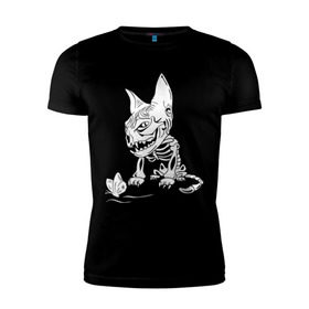 Мужская футболка премиум с принтом Скелет кота в Курске, 92% хлопок, 8% лайкра | приталенный силуэт, круглый вырез ворота, длина до линии бедра, короткий рукав | Тематика изображения на принте: бабочка | скелет