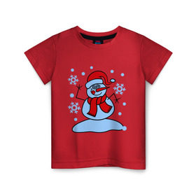 Детская футболка хлопок с принтом Забавный снеговик в Курске, 100% хлопок | круглый вырез горловины, полуприлегающий силуэт, длина до линии бедер | забавный | милый | новый год | снег | снеговик | шапка