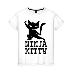 Женская футболка хлопок с принтом Ninja kitty в Курске, 100% хлопок | прямой крой, круглый вырез горловины, длина до линии бедер, слегка спущенное плечо | cat | kitty | ninja | киса | кот | котенок | кошка | ниндзя | нинзя