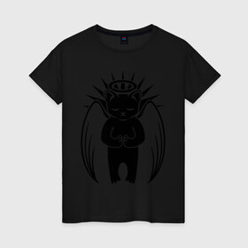 Женская футболка хлопок с принтом Кот ангелочек в Курске, 100% хлопок | прямой крой, круглый вырез горловины, длина до линии бедер, слегка спущенное плечо | крылья