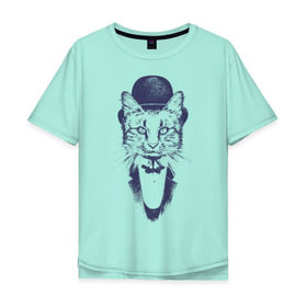 Мужская футболка хлопок Oversize с принтом Стильный кот в Курске, 100% хлопок | свободный крой, круглый ворот, “спинка” длиннее передней части | Тематика изображения на принте: джентльмен | киса | кот | котелок | кошка | манишка | стиль | фрак