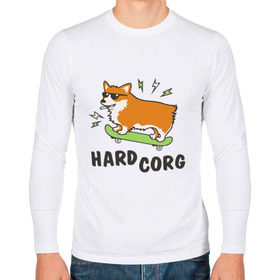 Мужской лонгслив хлопок с принтом Hardcorg в Курске, 100% хлопок |  | hardcorg | корги | очки | пес | скейт | собаки