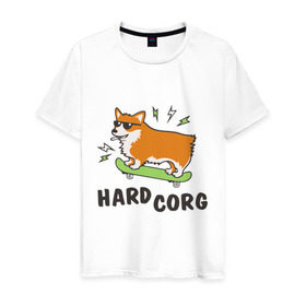 Мужская футболка хлопок с принтом Hardcorg в Курске, 100% хлопок | прямой крой, круглый вырез горловины, длина до линии бедер, слегка спущенное плечо. | hardcorg | корги | очки | пес | скейт | собаки