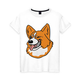 Женская футболка хлопок с принтом Корги морда в Курске, 100% хлопок | прямой крой, круглый вырез горловины, длина до линии бедер, слегка спущенное плечо | корги | пес | подмигивает | собаки