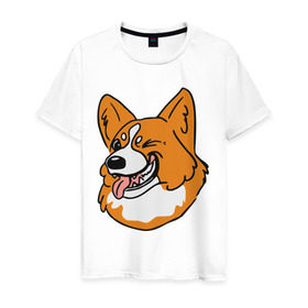 Мужская футболка хлопок с принтом Корги морда в Курске, 100% хлопок | прямой крой, круглый вырез горловины, длина до линии бедер, слегка спущенное плечо. | корги | пес | подмигивает | собаки