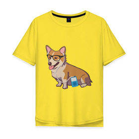 Мужская футболка хлопок Oversize с принтом Хипстер Корги в Курске, 100% хлопок | свободный крой, круглый ворот, “спинка” длиннее передней части | Тематика изображения на принте: корги | милота | модник | очки | пес | плеер | собаки | хипстер