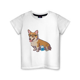 Детская футболка хлопок с принтом Хипстер Корги в Курске, 100% хлопок | круглый вырез горловины, полуприлегающий силуэт, длина до линии бедер | корги | милота | модник | очки | пес | плеер | собаки | хипстер