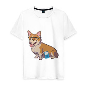 Мужская футболка хлопок с принтом Хипстер Корги в Курске, 100% хлопок | прямой крой, круглый вырез горловины, длина до линии бедер, слегка спущенное плечо. | корги | милота | модник | очки | пес | плеер | собаки | хипстер