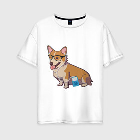 Женская футболка хлопок Oversize с принтом Хипстер Корги в Курске, 100% хлопок | свободный крой, круглый ворот, спущенный рукав, длина до линии бедер
 | корги | милота | модник | очки | пес | плеер | собаки | хипстер