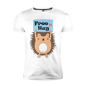 Мужская футболка премиум с принтом Ежик бесплатные обнимашки в Курске, 92% хлопок, 8% лайкра | приталенный силуэт, круглый вырез ворота, длина до линии бедра, короткий рукав | Тематика изображения на принте: free hugs | бесплатно | еж | обнимашки