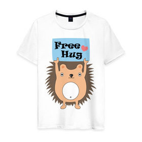Мужская футболка хлопок с принтом Ежик бесплатные обнимашки в Курске, 100% хлопок | прямой крой, круглый вырез горловины, длина до линии бедер, слегка спущенное плечо. | Тематика изображения на принте: free hugs | бесплатно | еж | обнимашки