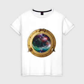 Женская футболка хлопок с принтом Иллюминатор в космос в Курске, 100% хлопок | прямой крой, круглый вырез горловины, длина до линии бедер, слегка спущенное плечо | space | иллюминатор | космос | окно
