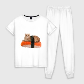 Женская пижама хлопок с принтом Котосуши в Курске, 100% хлопок | брюки и футболка прямого кроя, без карманов, на брюках мягкая резинка на поясе и по низу штанин | киса | кот | котосуши | рис | суши еда