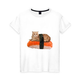 Женская футболка хлопок с принтом Котосуши в Курске, 100% хлопок | прямой крой, круглый вырез горловины, длина до линии бедер, слегка спущенное плечо | киса | кот | котосуши | рис | суши еда