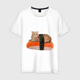 Мужская футболка хлопок с принтом Котосуши в Курске, 100% хлопок | прямой крой, круглый вырез горловины, длина до линии бедер, слегка спущенное плечо. | киса | кот | котосуши | рис | суши еда
