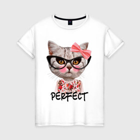 Женская футболка хлопок с принтом Perfect в Курске, 100% хлопок | прямой крой, круглый вырез горловины, длина до линии бедер, слегка спущенное плечо | perfect | бантик | животное | киса | кот | очки