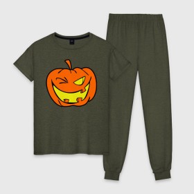 Женская пижама хлопок с принтом Подмигивающая тыква в Курске, 100% хлопок | брюки и футболка прямого кроя, без карманов, на брюках мягкая резинка на поясе и по низу штанин | Тематика изображения на принте: halloween | тыква | хэллоуин