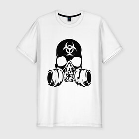 Мужская футболка премиум с принтом Радиоактивность в Курске, 92% хлопок, 8% лайкра | приталенный силуэт, круглый вырез ворота, длина до линии бедра, короткий рукав | биологическая угроза | противогаз | радиация | респиратор | череп