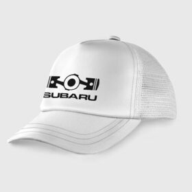 Детская кепка тракер с принтом Subaru в Курске, Козырек - 100% хлопок. Кепка - 100% полиэстер, Задняя часть - сетка | универсальный размер, пластиковая застёжка | Тематика изображения на принте: logo | sti | subaru | авто | лого | субарик | субару