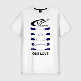 Мужская футболка премиум с принтом One love subaru в Курске, 92% хлопок, 8% лайкра | приталенный силуэт, круглый вырез ворота, длина до линии бедра, короткий рукав | logo | one love | sti | subaru | авто | лого | субарик | субару