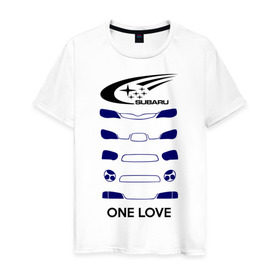 Мужская футболка хлопок с принтом One love subaru в Курске, 100% хлопок | прямой крой, круглый вырез горловины, длина до линии бедер, слегка спущенное плечо. | Тематика изображения на принте: logo | one love | sti | subaru | авто | лого | субарик | субару