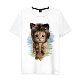 Мужская футболка хлопок с принтом Милый котик в Курске, 100% хлопок | прямой крой, круглый вырез горловины, длина до линии бедер, слегка спущенное плечо. | cat | киса | котик | кошка | милаха | милый котик | шапка