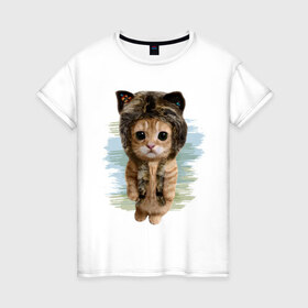 Женская футболка хлопок с принтом Милый котик в Курске, 100% хлопок | прямой крой, круглый вырез горловины, длина до линии бедер, слегка спущенное плечо | cat | киса | котик | кошка | милаха | милый котик | шапка