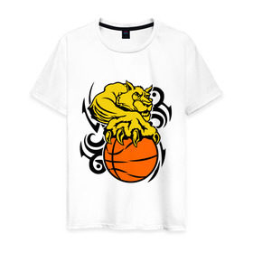 Мужская футболка хлопок с принтом Тигр с мячом в Курске, 100% хлопок | прямой крой, круглый вырез горловины, длина до линии бедер, слегка спущенное плечо. | basketball | баскетбол | мяч | пантера | тигр