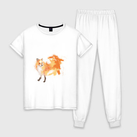 Женская пижама хлопок с принтом Лиса акварель в Курске, 100% хлопок | брюки и футболка прямого кроя, без карманов, на брюках мягкая резинка на поясе и по низу штанин | fox | акварель | животные | лисы | мило