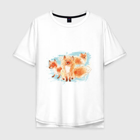 Мужская футболка хлопок Oversize с принтом Лисички в Курске, 100% хлопок | свободный крой, круглый ворот, “спинка” длиннее передней части | fox | акварель | животные | лисы | мило