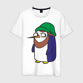 Мужская футболка хлопок с принтом Пингвин в шапке в Курске, 100% хлопок | прямой крой, круглый вырез горловины, длина до линии бедер, слегка спущенное плечо. | Тематика изображения на принте: борода | пингвин