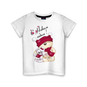Детская футболка хлопок с принтом Новогодние мишка с зайкой в Курске, 100% хлопок | круглый вырез горловины, полуприлегающий силуэт, длина до линии бедер | Тематика изображения на принте: игрушка | медведь | мишка | новый год | пес | собака | шапка