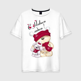 Женская футболка хлопок Oversize с принтом Новогодние мишка с зайкой в Курске, 100% хлопок | свободный крой, круглый ворот, спущенный рукав, длина до линии бедер
 | игрушка | медведь | мишка | новый год | пес | собака | шапка