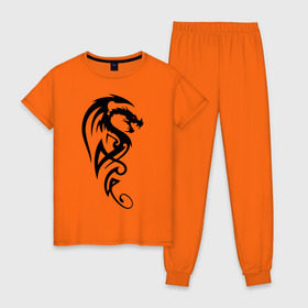 Женская пижама хлопок с принтом Дракон (стильный трайбл) в Курске, 100% хлопок | брюки и футболка прямого кроя, без карманов, на брюках мягкая резинка на поясе и по низу штанин | dragon | tattoo | дракон | тату | трайбл