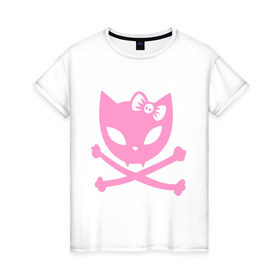 Женская футболка хлопок с принтом Плохая киска в Курске, 100% хлопок | прямой крой, круглый вырез горловины, длина до линии бедер, слегка спущенное плечо | бант | киса | кости | кошка | череп