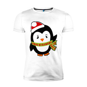 Мужская футболка премиум с принтом Зимний пингвинчик в Курске, 92% хлопок, 8% лайкра | приталенный силуэт, круглый вырез ворота, длина до линии бедра, короткий рукав | Тематика изображения на принте: пингвин