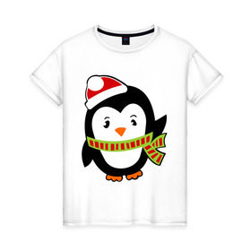 Женская футболка хлопок с принтом Зимний пингвинчик в Курске, 100% хлопок | прямой крой, круглый вырез горловины, длина до линии бедер, слегка спущенное плечо | пингвин