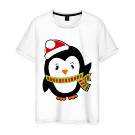 Мужская футболка хлопок с принтом Зимний пингвинчик в Курске, 100% хлопок | прямой крой, круглый вырез горловины, длина до линии бедер, слегка спущенное плечо. | пингвин
