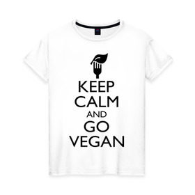 Женская футболка хлопок с принтом Keep calm and go vegan в Курске, 100% хлопок | прямой крой, круглый вырез горловины, длина до линии бедер, слегка спущенное плечо | keep calm | vegan | веган | вегетарианец | сохраняй спокойствие