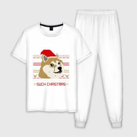 Мужская пижама хлопок с принтом Such christmas в Курске, 100% хлопок | брюки и футболка прямого кроя, без карманов, на брюках мягкая резинка на поясе и по низу штанин
 | Тематика изображения на принте: 2015 | such christmas | новый год | праздник | собака | шапка